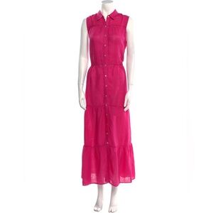120% Lino Linen Maxi Shirt Dress Pink Sleeveless Button Front Size M